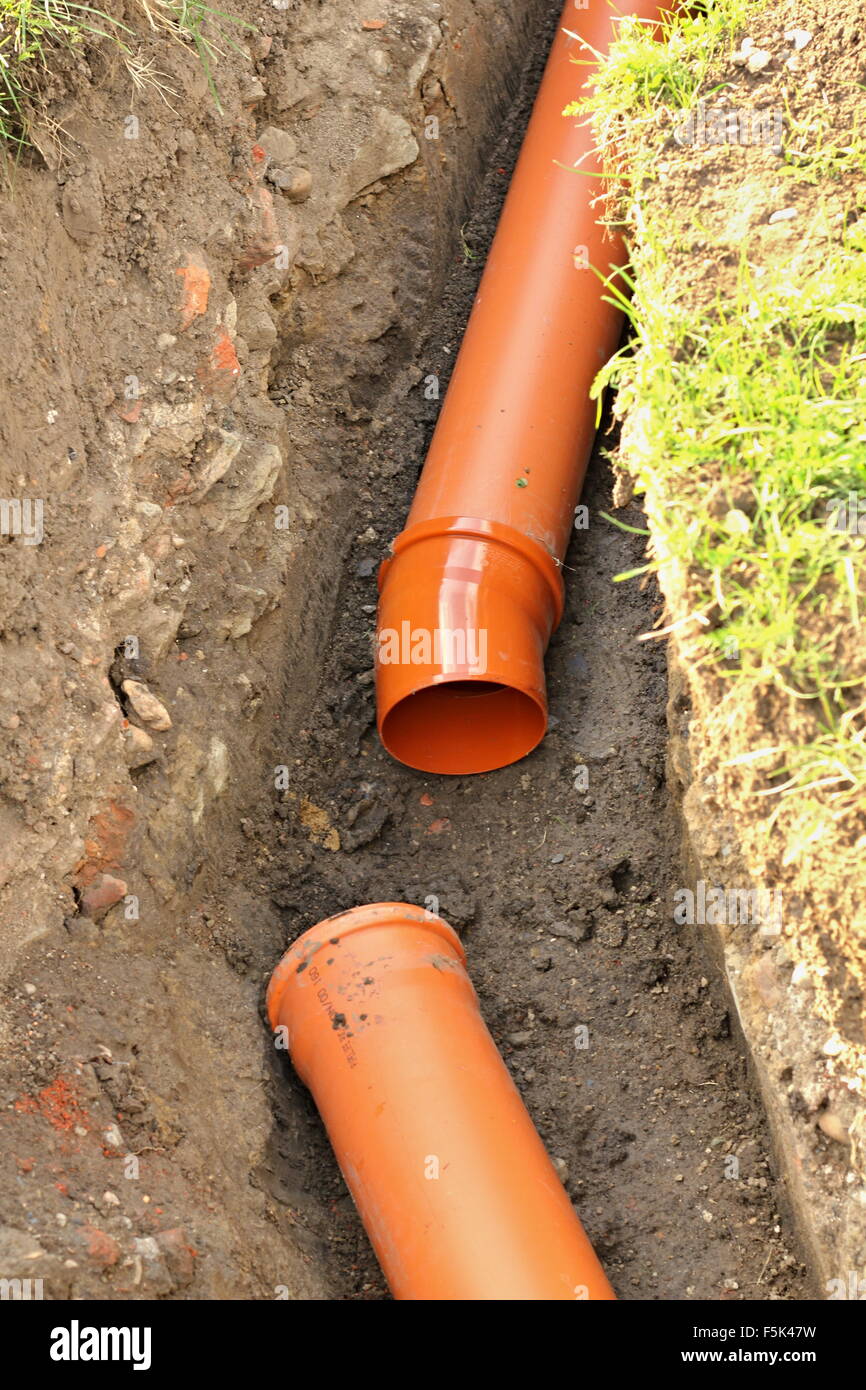 sewer construction - sewer connection in the turn (building domestic sewage) Stock Photo