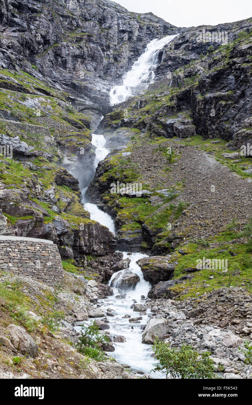 Waterfall named Stigfossen, close by the famous Trollstigen Road Stock Photo