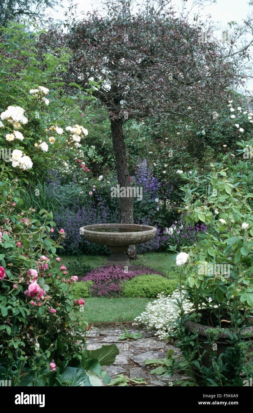 Pink and white roses either side of a stone path in a country garden with an old stone birdbath under-planted with thyme Stock Photo