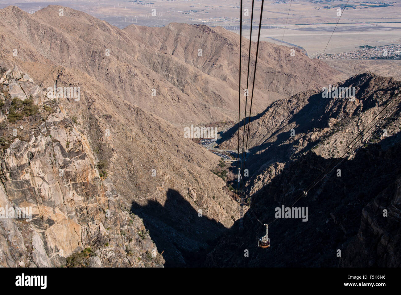Shadow of the Palm Springs Aerial Tramway, california, usa, as it ascends to Mount Jacinto Stock Photo