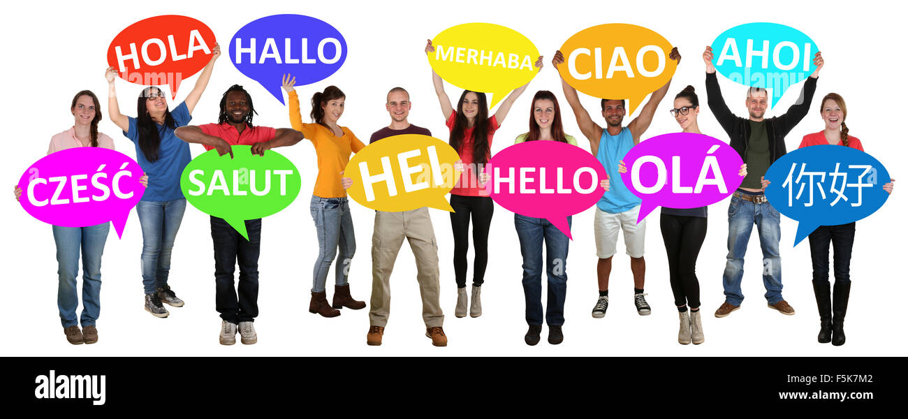 Group of young multi ethnic people holding speech bubbles with hello isolated Stock Photo
