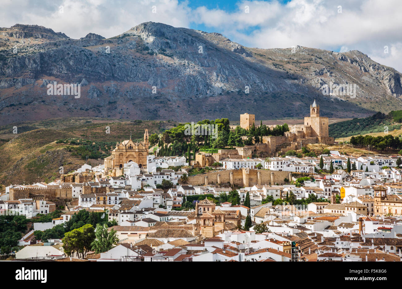 Spain, Andalusia, Province of Malaga, view of Antequera with Royal Colegiate Church and the Alcazaba de Antequera Stock Photo