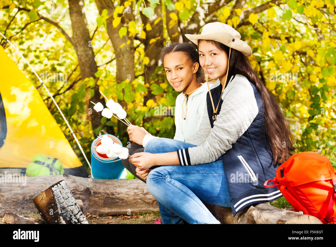 Two girls hold marshmallow sticks near bonfire Stock Photo