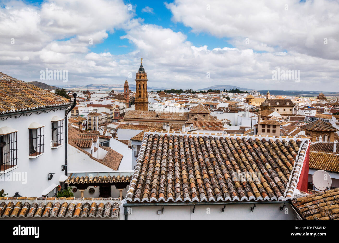 Spain, Andalusia, Province of Malaga, Antequera, view over the roofs of Antequera from the foot of the Alcazaba Stock Photo