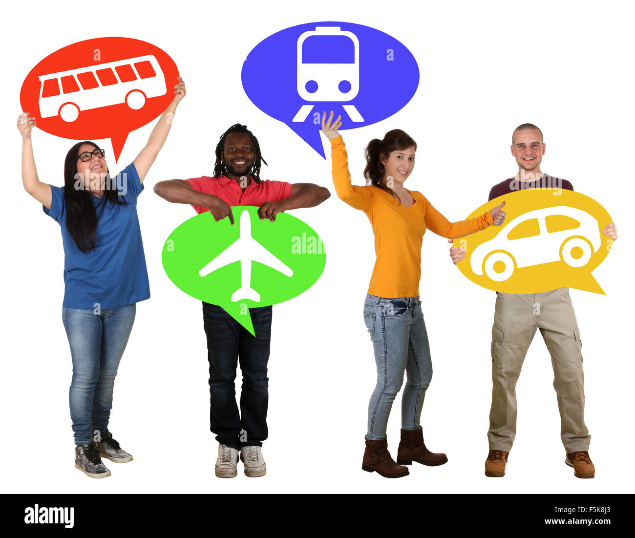 Group of people holding speech bubbles choosing bus, train, car or plane isolated Stock Photo