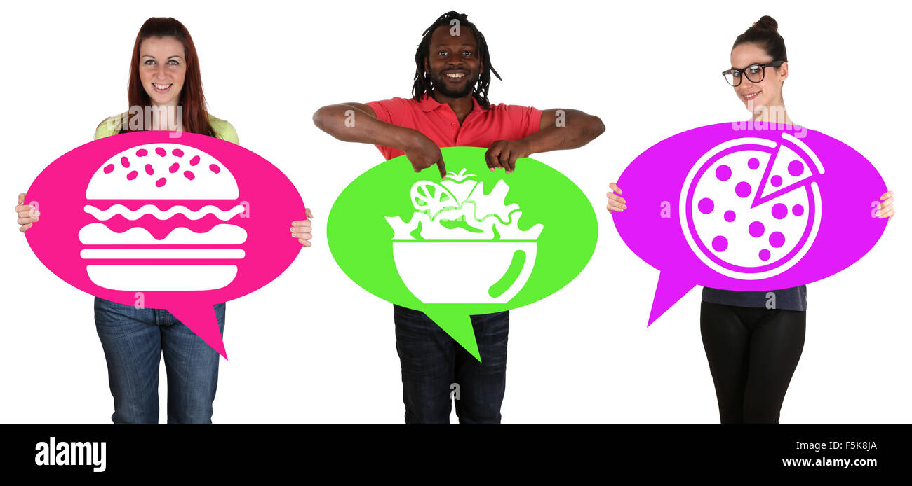 Young people holding speech bubbles with choosing pizza, salad or hamburger fast food healthy eating Stock Photo