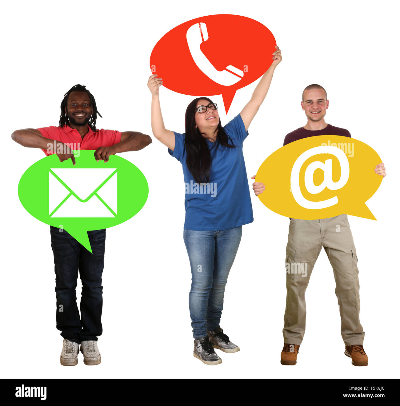 Group of people holding speech bubbles communication contact telephone