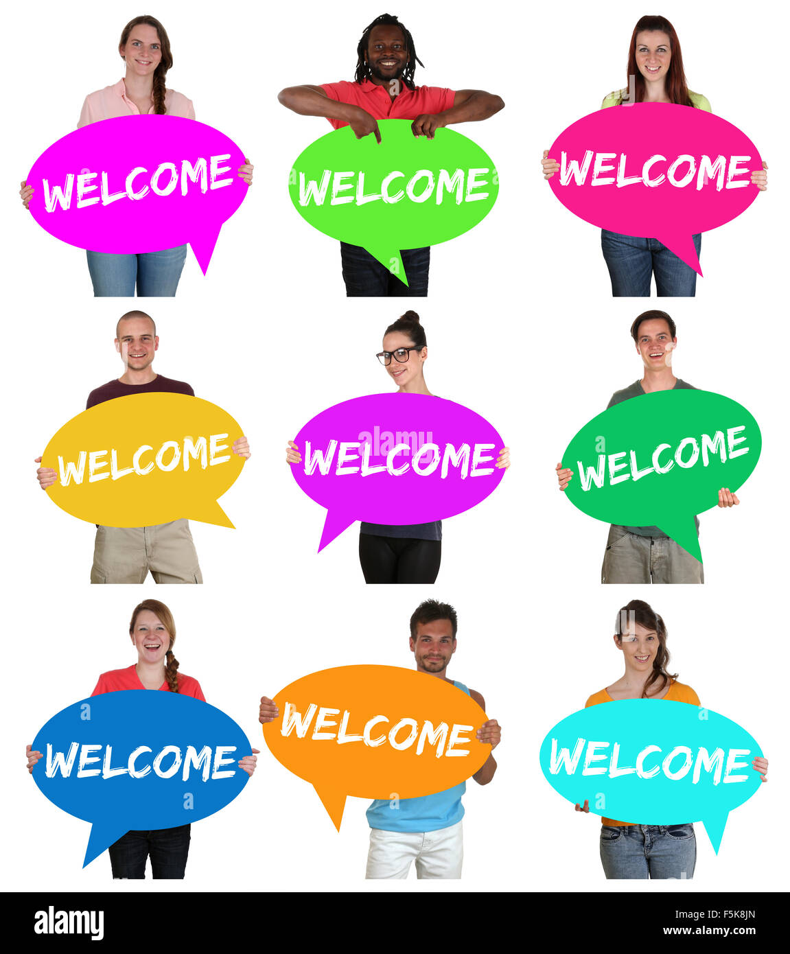 Refugees welcome group of young multi ethnic people with speech bubbles isolated Stock Photo