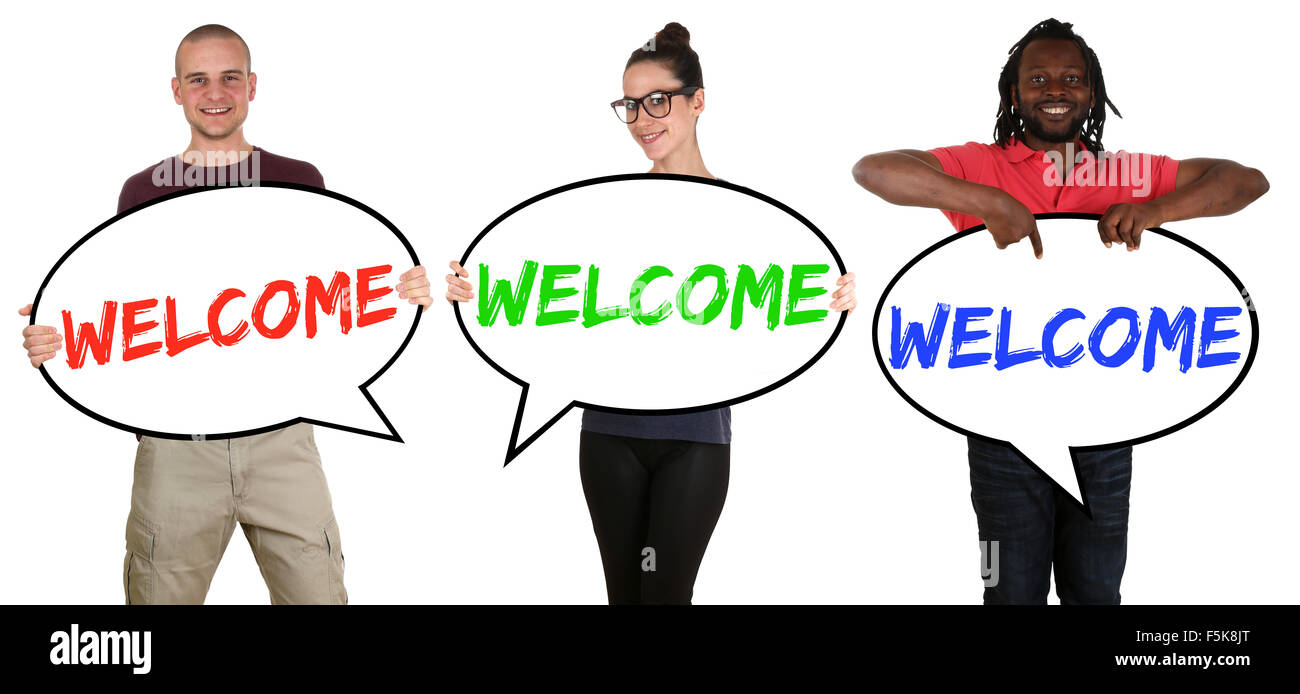 Refugees welcome young multi ethnic people speech bubbles isolated Stock Photo