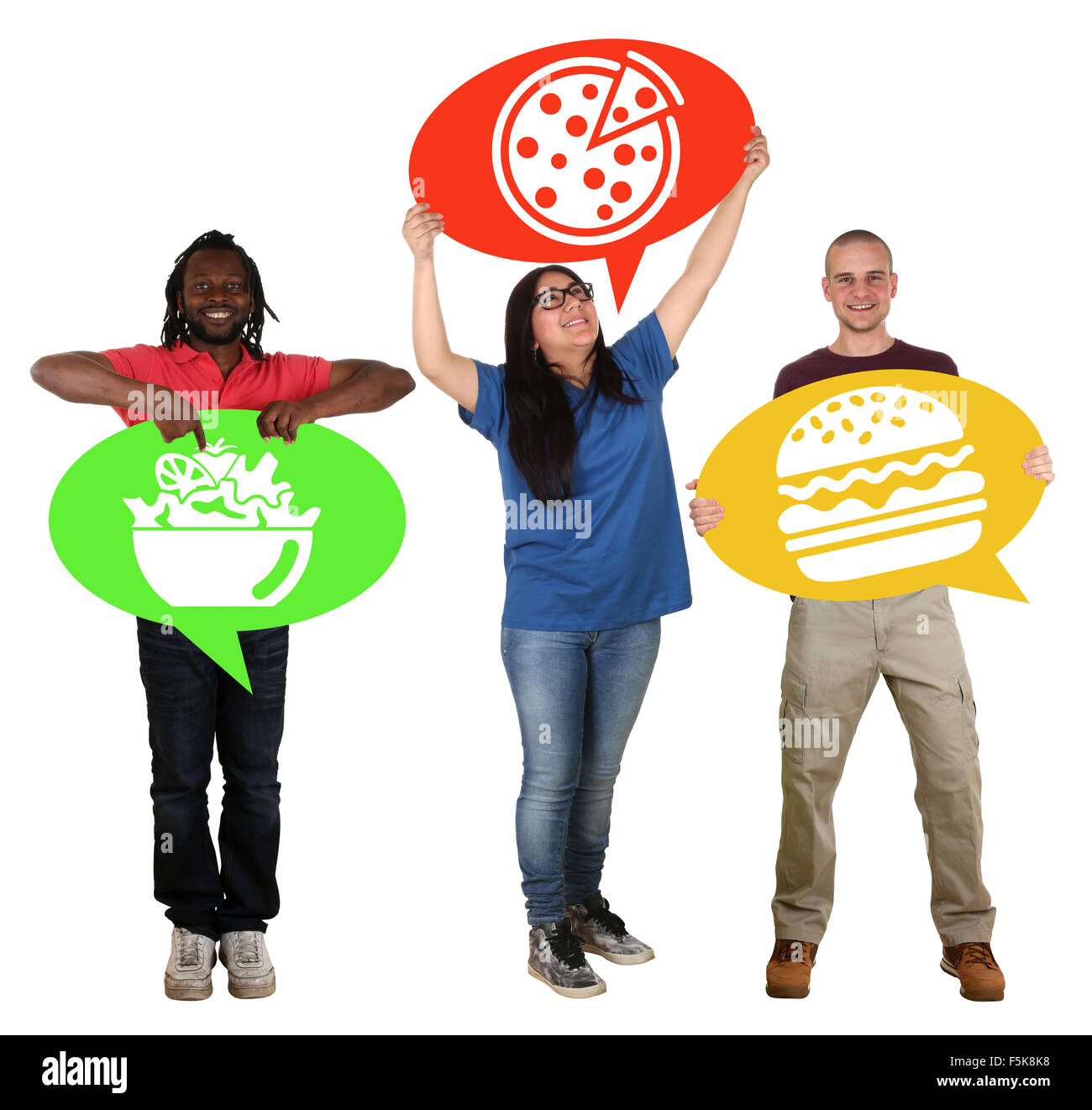 Group of people holding speech bubbles choosing pizza, salad or hamburger fast food healthy eating isolated Stock Photo