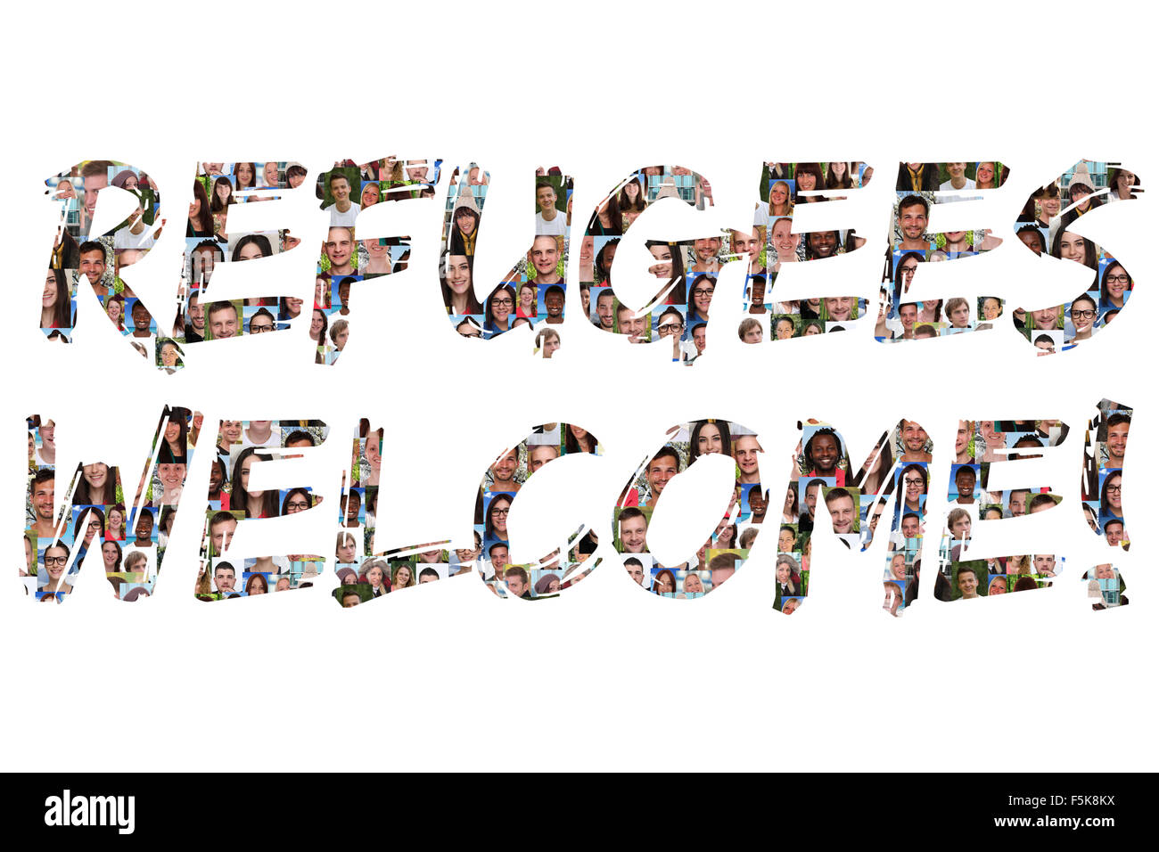 Refugees welcome group of young multi ethnic people isolated Stock Photo