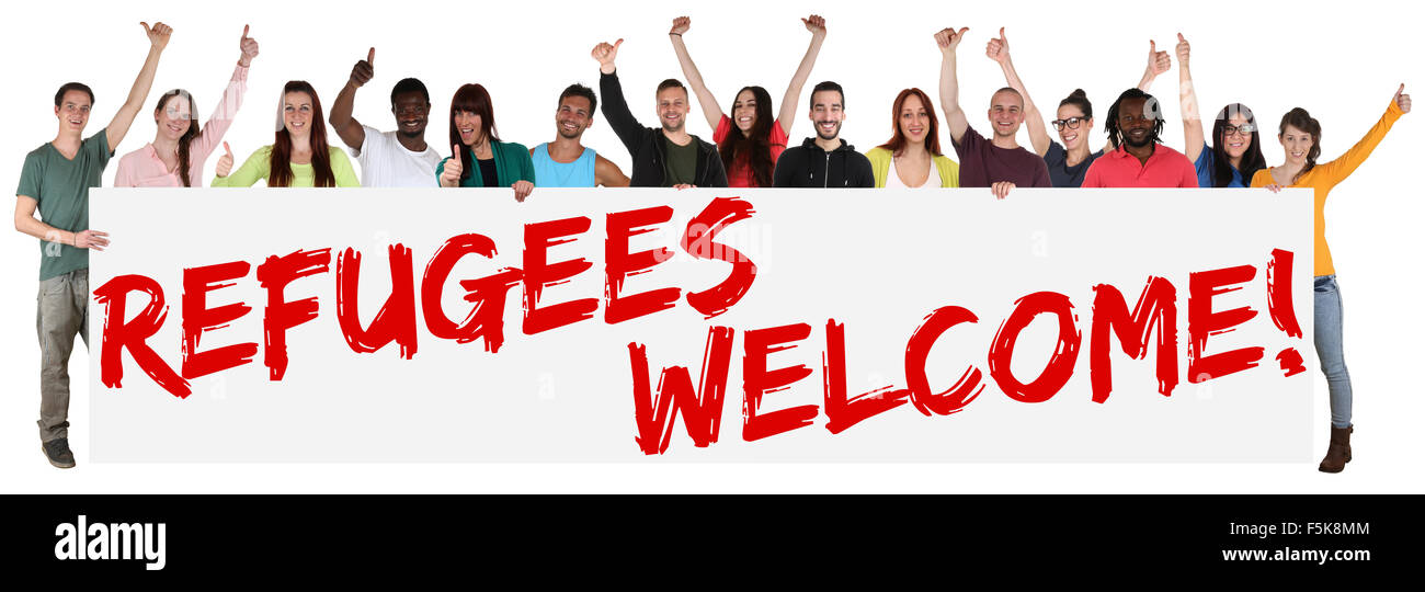 Refugees welcome sign group of young multi ethnic people isolated Stock Photo