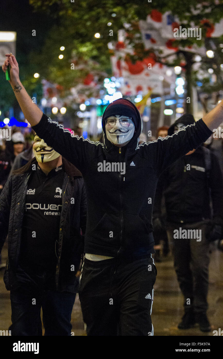 Cardiff, United Kingdom, November 5 2015. Protesters take part in the Million Mask March in Cardiff, South Wales. Credit:  Samuel Bay/Alamy Live News Stock Photo