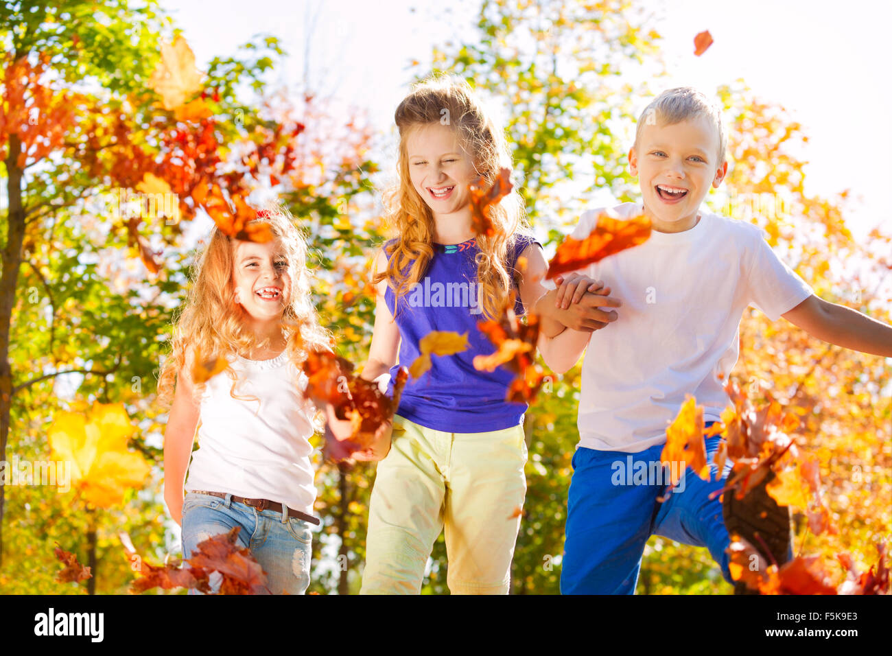 Laughing friends holding hands in the forest Stock Photo - Alamy