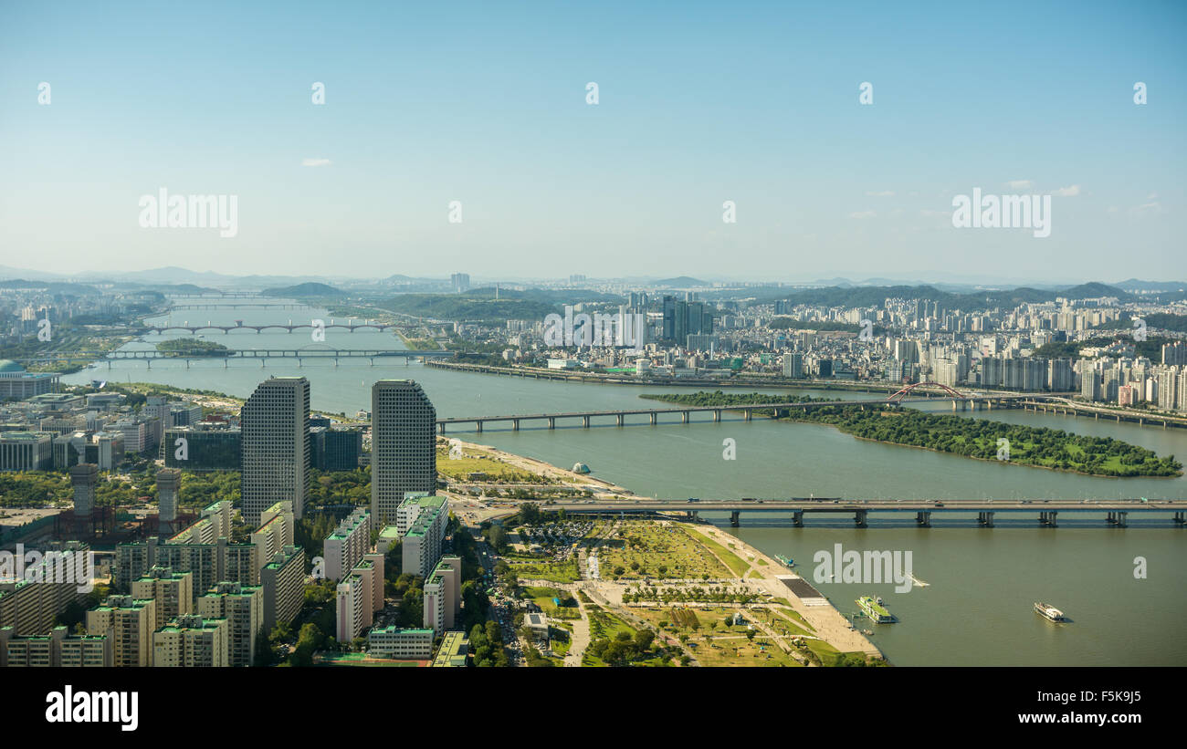 Seoul as seen from the 63 city building. Stock Photo