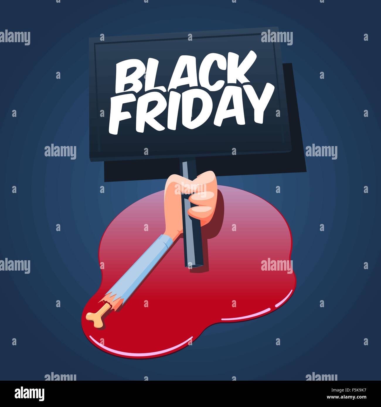 Black Friday concept illustration. Cartoon severed male hand holds Black Friday banner and lies