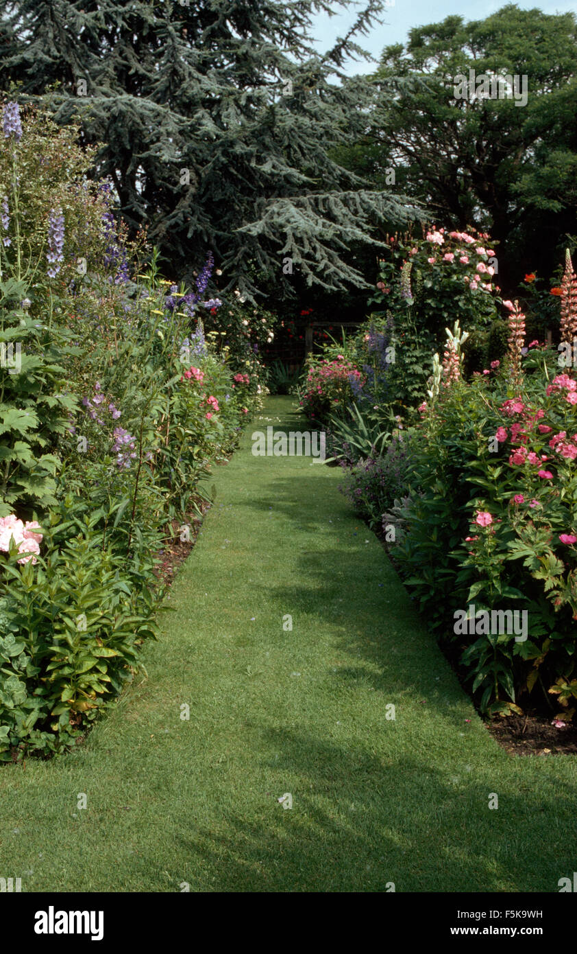 Pink roses and blue delphiniums in borders either side of grass path in large country garden Stock Photo