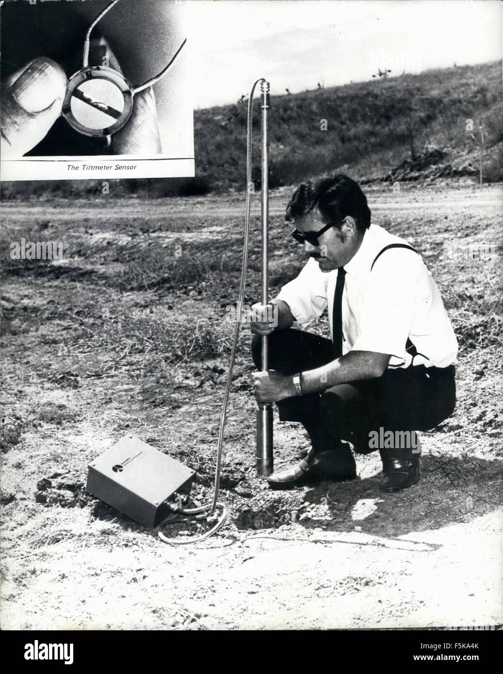 1968 - Missile meter becomes Earthquake Warner: Scientists in California are now using a small missile, 1-inch diameter guidance control meter to detect earthquake movement. Called a Tiltmeter, the sensitive device works on the simple principle of a spirit level. The Tiltmeter will detect earth movement many hours before an earthquake or volcanic eruption occurs and such a warning system is considered invaluable to public safety. Photo shows Scientist Craig Kirkpatrick places a probe stick containing tiny Tiltmeter 5 feet into the South California earthquake fault area. Inset is a close-up of Stock Photo