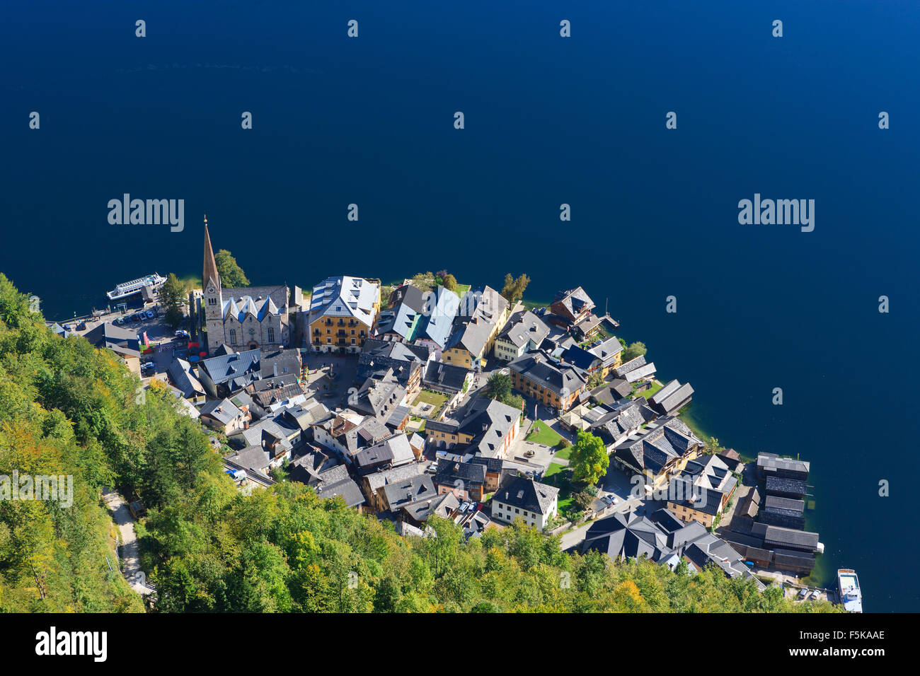 Aerial view on Hallstatt, in upper Austria is a village in the Salzkammergut, a region in Austria. Stock Photo