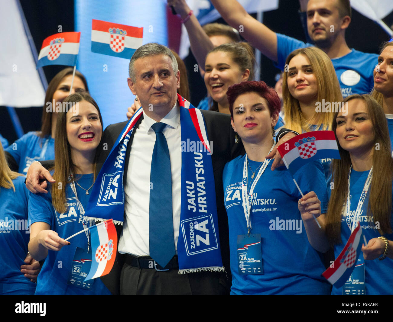 Zagreb, Croatia. 5th Nov, 2015. Leader of the opposition Croatian Democratic Union (HDZ) Tomislav Karamarko (2nd L) delivers a speech during Patriotic Coalition campaign rally at Zagreb Arena in Zagreb, capital of Croatia, Nov. 5, 2015. An opinion poll published by Croatian Nova TV on Thursday evening showed the result of parliamentary election scheduled for Sunday could be neck-and-neck for the country's two largest coalitions. Credit:  Miso Lisanin/Xinhua/Alamy Live News Stock Photo