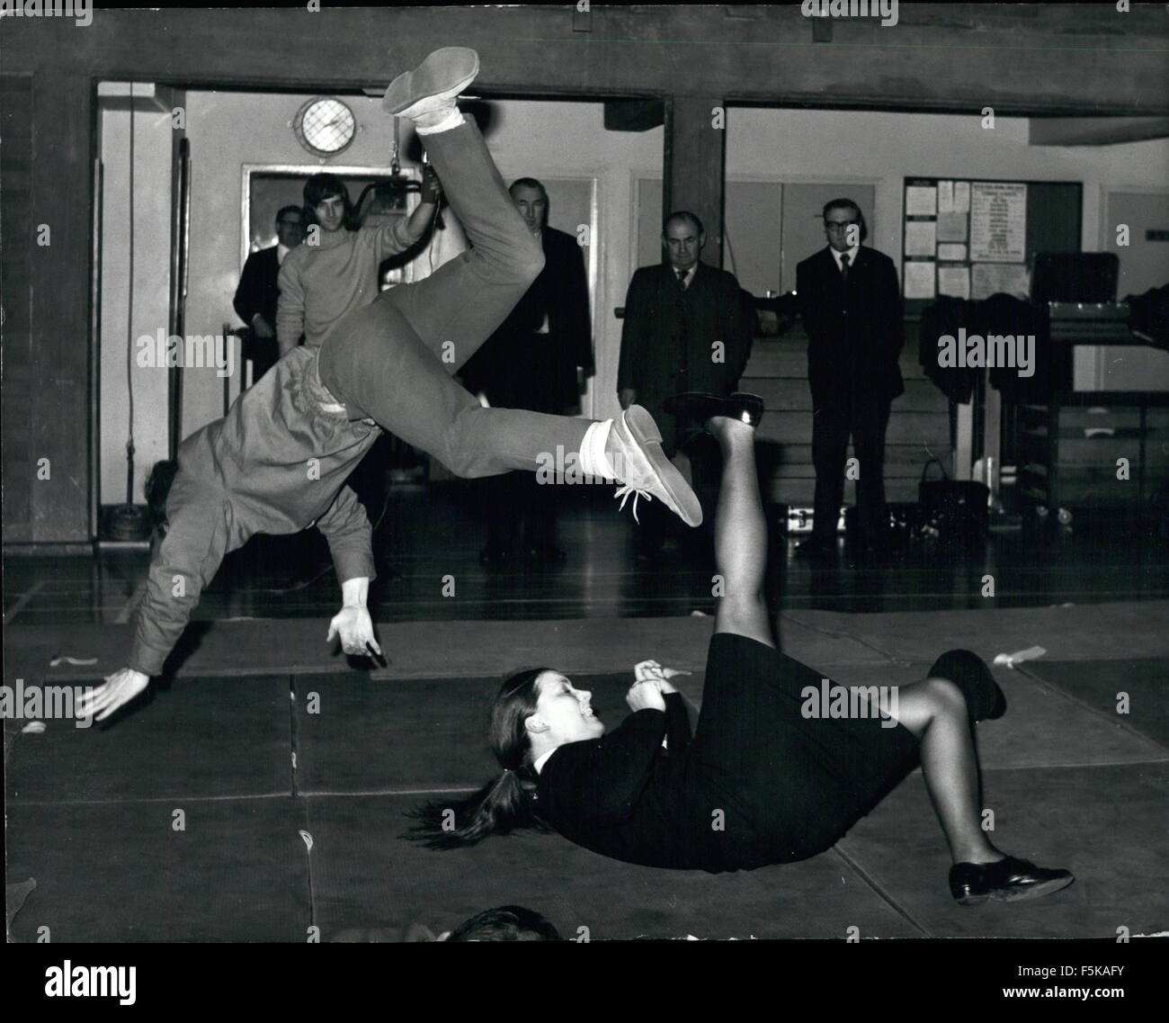 1968 - Women Police Learn Self Defence: Owing to the increase to violence and attacks on women, Britain's women police are learning self defence and there we see Women Police Constable Theresa Goodhall, 25, from Bellshill. Lankshire, expertly throng a male attack during her display of self-defence. (Credit Image: © Keystone Pictures USA/ZUMAPRESS.com) Stock Photo