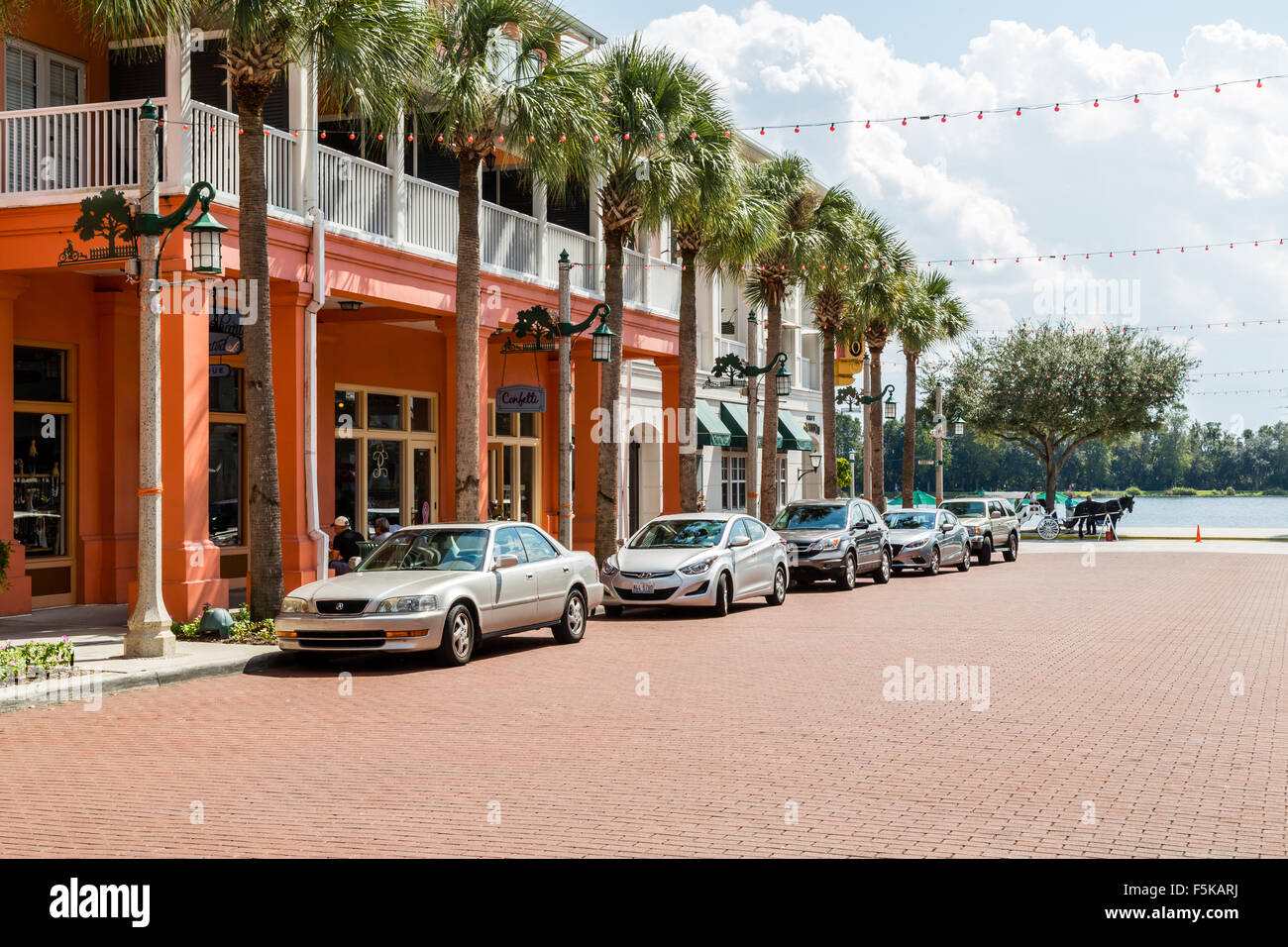 Shops and Lake at Disney Celebrations, Florida, Kissimmee Stock Photo