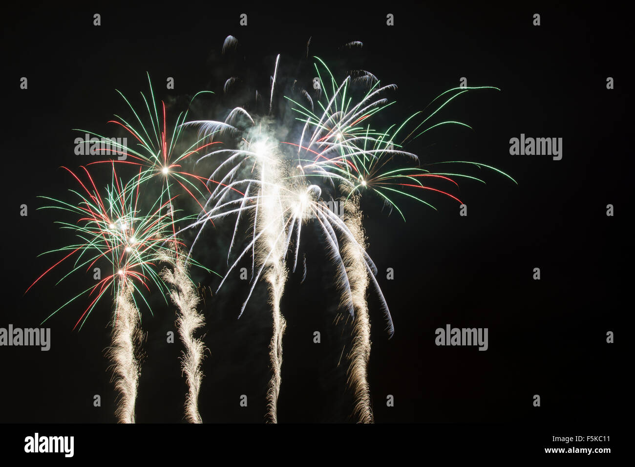 Spiral Fireworks - White, Green, Red Stock Photo