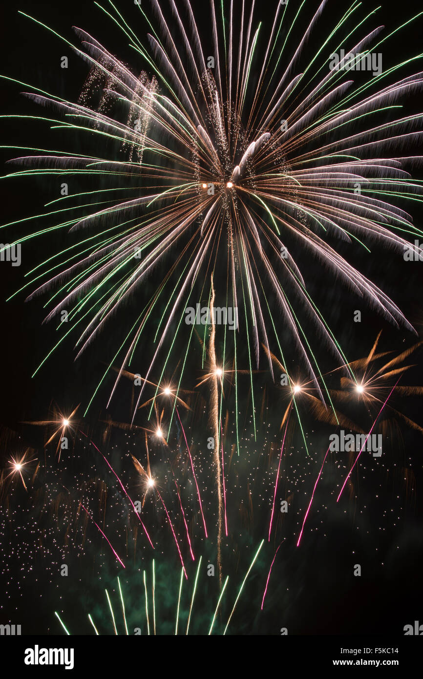 Large Fireworks - White, Green, Gold, Red, Purple Stock Photo