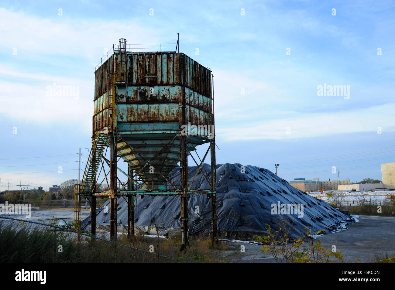 Compass Minerals on the Calumet River, Chicago, Illinois. Storage area and supplier for Chicago's winter road salt. Stock Photo