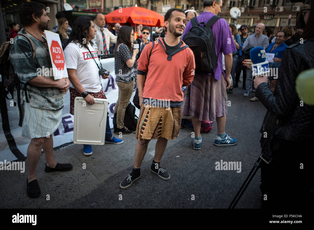 Buenos Aires, Argentina. 5th Nov, 2015. Demonstrators wearing a skirt participate in a march against gender violence in Buenos Aires, Argentina, on Nov. 5, 2015. Men wearing skirts taook part in a march against gender violence organized by social networks with the slogan 'Wear the skirt if you are a male' . Credit:  Martin Zabala/Xinhua/Alamy Live News Stock Photo
