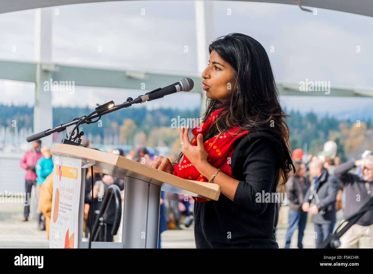 Vancouver, British Columbia, Canada, 5th, November, 2015,  Climate change activist, Anjali Appadurai speaks at rally in support of the Leap Manifesto for Climate Change, Jack Poole Plaza, Vancouver, B.C. Canada.  Credit:  Michael WheatleyAlamy Live News. Stock Photo
