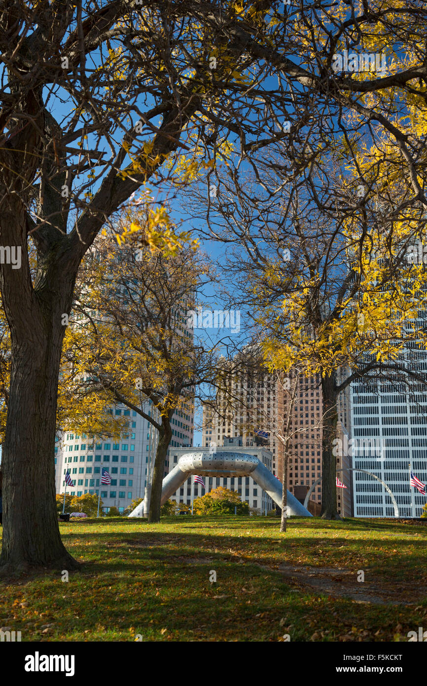 Detroit, Michigan - Hart Plaza and the Noguchi Fountain in downtown Detroit. Stock Photo