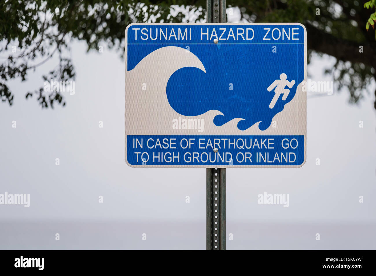 A Tsunami Hazard Zone sign in the Verne I. Richards park of Frederiksted, St. Croix, U.S, Virgin Islands. USVI, U.S.V.I. Stock Photo