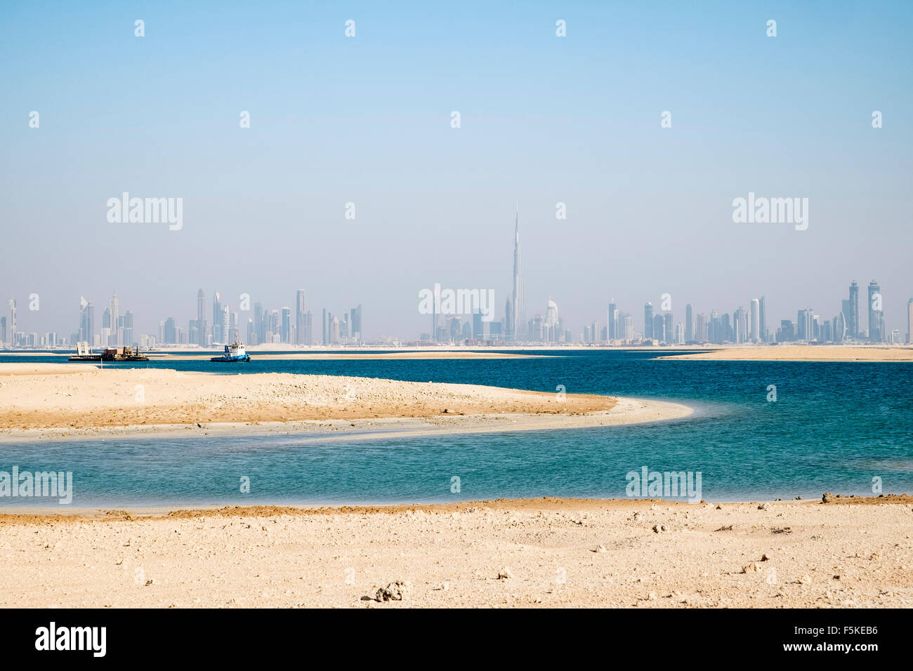 Skyline of Dubai from The World man made reclaimed islands off Dubai