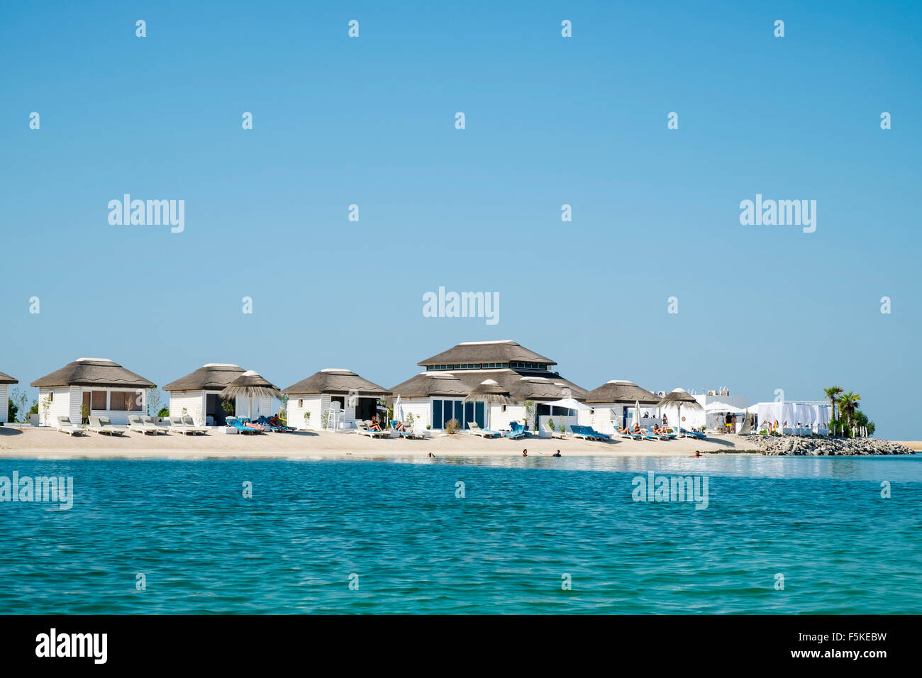 View of The Island Lebanon beach resort on a man made island, part of The World off Dubai coast in  United Arab Emirates Stock Photo