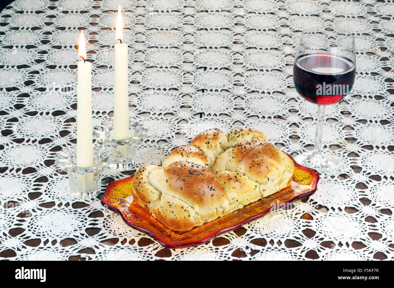Shabbat Observance, Challah, Wine, Lit Candles Stock Photo Alamy