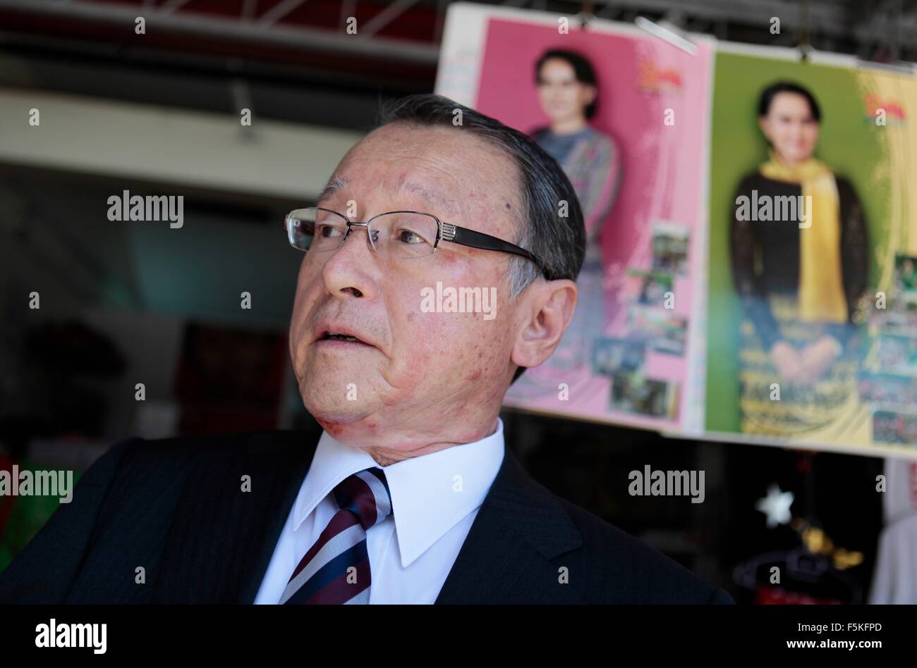 Yangon, Myanmar. 6th November, 2015. Masaharu Nakagawa, delegation head of Japanese goverment observers, gives press interviews as members of the Japanese Diet (parliament) visit the headquarters of the National League of Democracy in Yangon, 6 Nov 2015.  Japan has vowed to increase investments in Myanmar after a peaceful election. Credit:  Arthur Jones Dionio/Alamy Live News Stock Photo