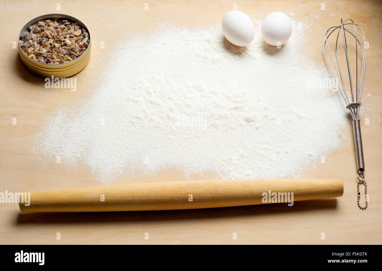 baking background with flour and eggs. Top view Stock Photo - Alamy