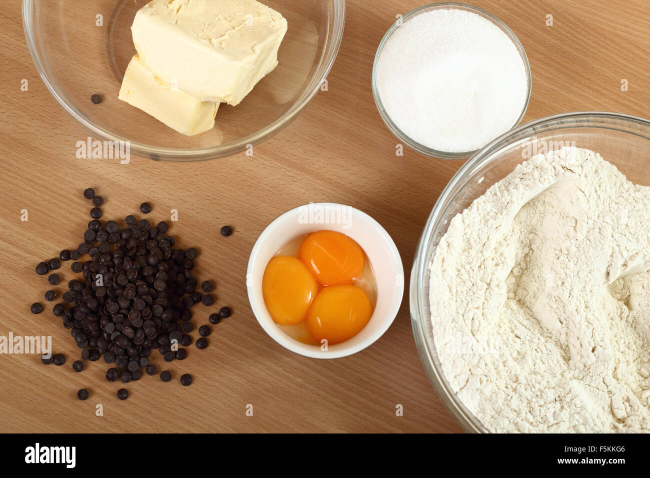 Ingredients for making Chocolate Chips, Eggs, Flour, Sugar, Butter