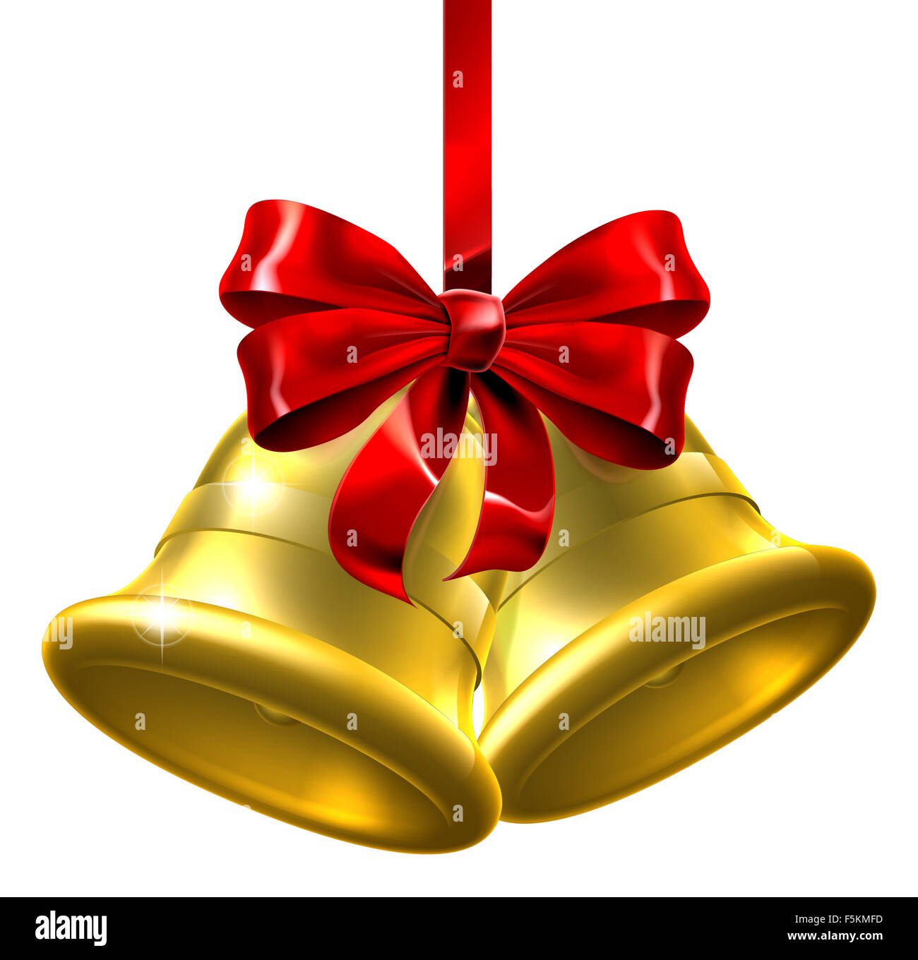 An illustration of a pair of gold Christmas bells wiith a red bow ...
