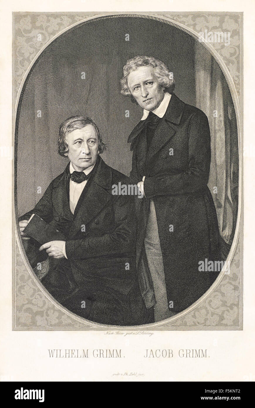 Portrait of the Brothers Grimm, Wilhelm Grim (1786-1859) seated, Jacob Grimm  (1785-1863) standing; steel engraving by Lazarus Gottlieb Sichling (1812-1863) from an early photograph taken in 1847. See description for more information. Stock Photo