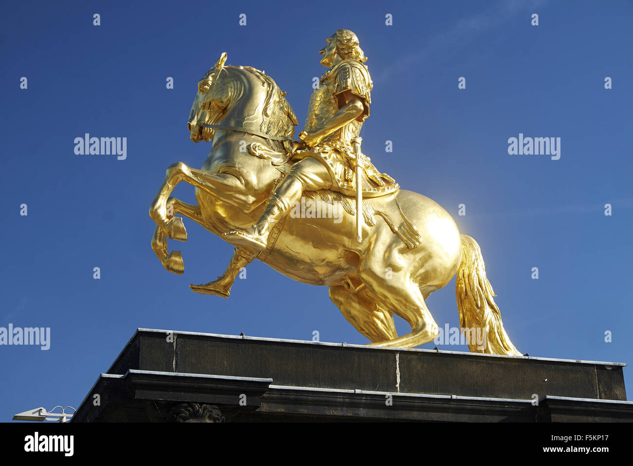 Golden equestrian statue of Friedrich August II., Dresden, Saxony, Germany Stock Photo