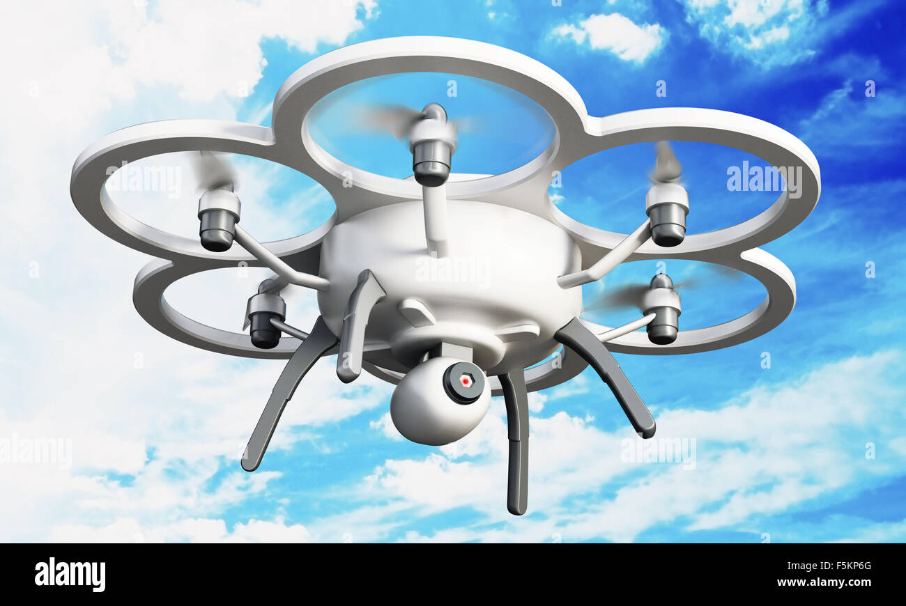 Drone with six propellers on blue background Stock Photo Alamy