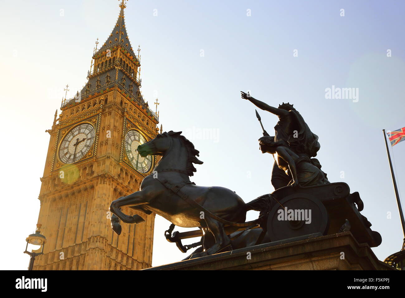 The statue of Boadicea underneath Big Ben in Westminster, London, UK, close to the House of Parliament Stock Photo