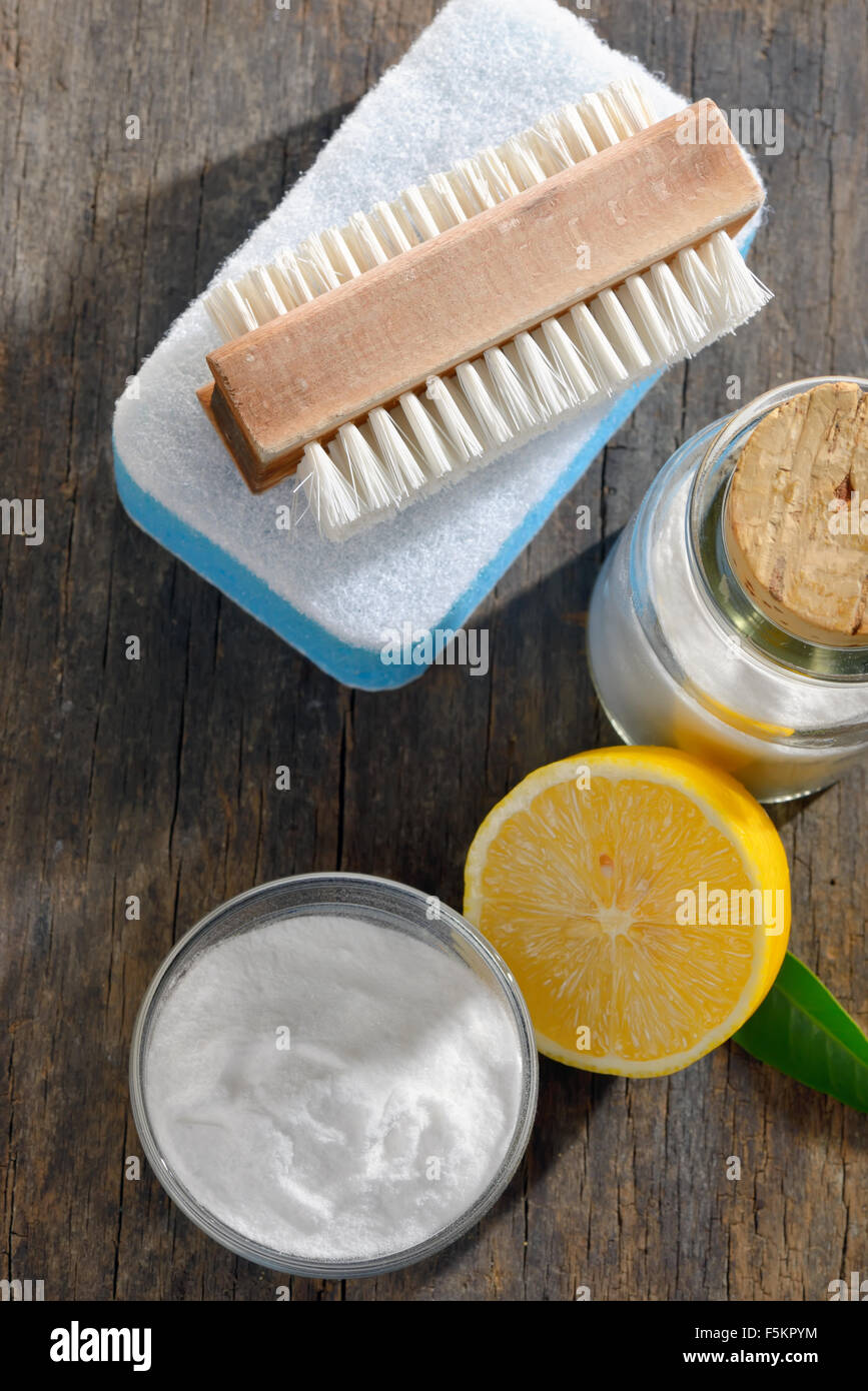 cleaning tools and sodium bicarbonate for house cleaning Stock Photo