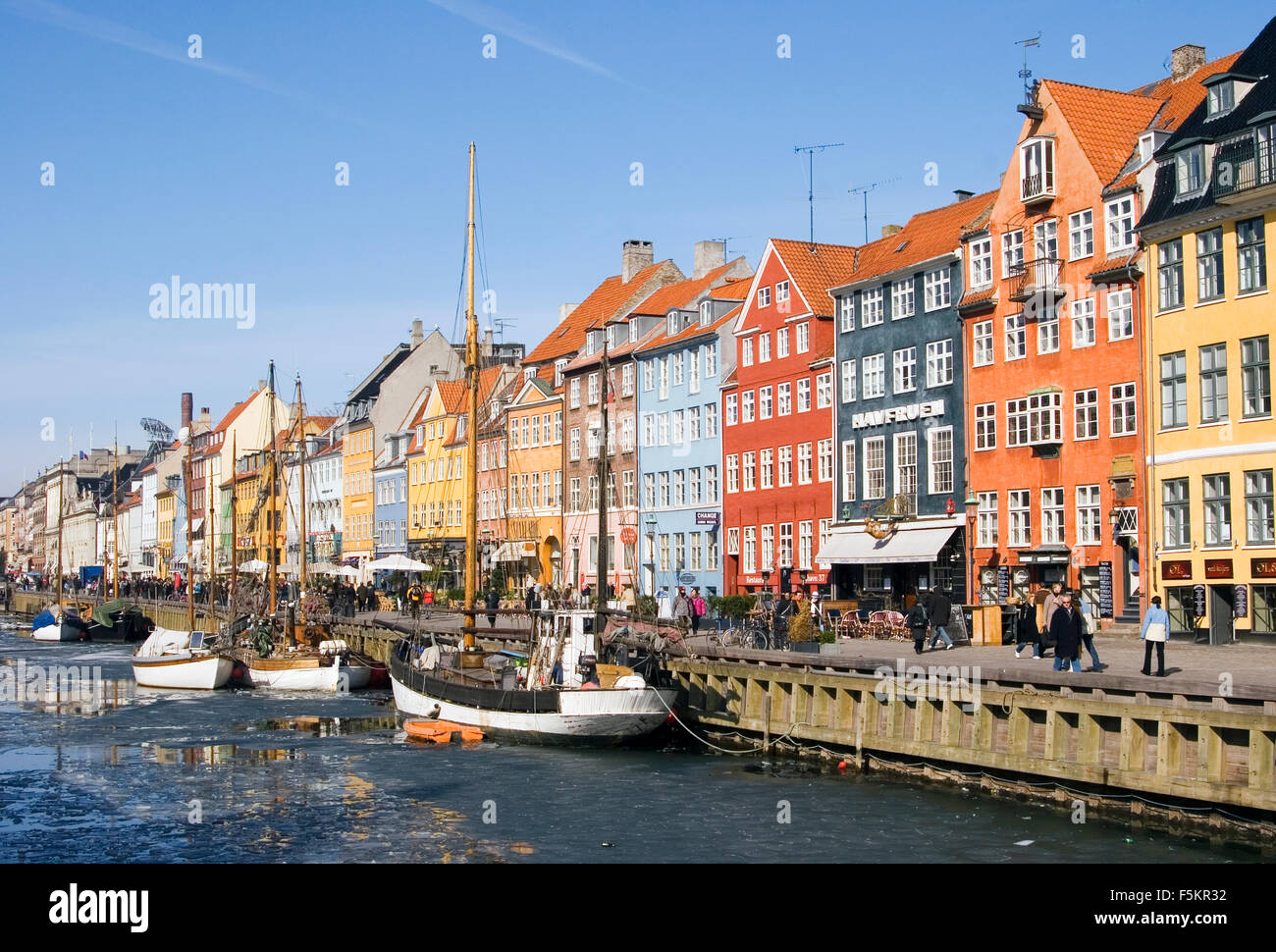 Denmark, Copenhagen, Nyhamn, Facades of buildings along river Stock