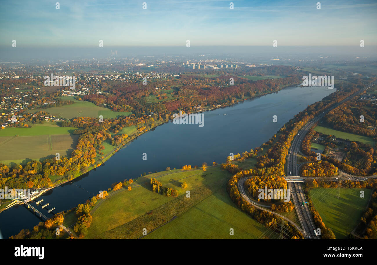 Kemnader Stausee, Lake Kemnade, river Ruhr, Kemnader Reservoir in autumn light, Witten, Ruhr Aeria Stock Photo