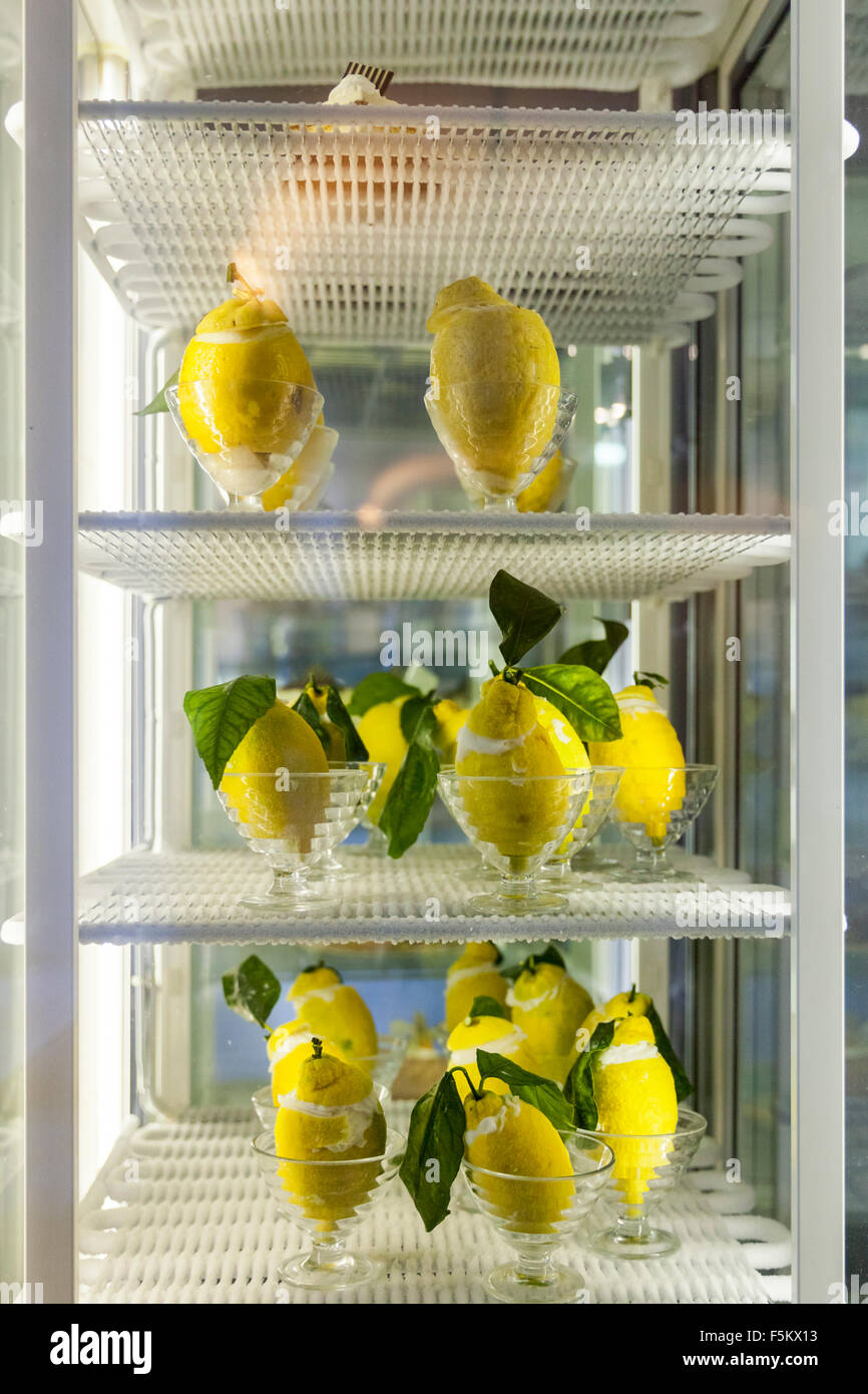 Display of chilled lemon sorbet desserts in a cafe in Positano, Italy Stock Photo