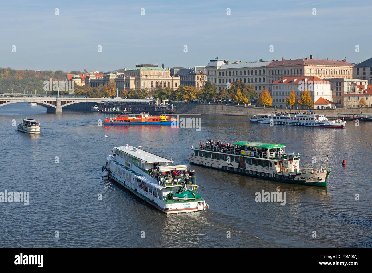 excursion boats, Manes Bridge, River Vltava, Prague, Czech Republic Stock Photo