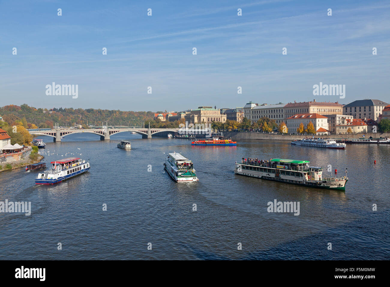 excursion boats, Manes Bridge, River Vltava, Prague, Czech Republic Stock Photo